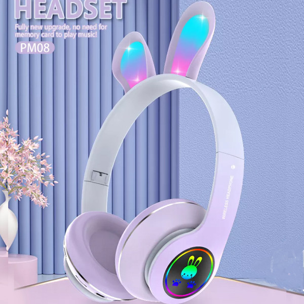 Безжични слушалки ХИТ МОДЕЛ 2022 заешки уши - светещи Rabbit Headphones PM-08 PURPLE